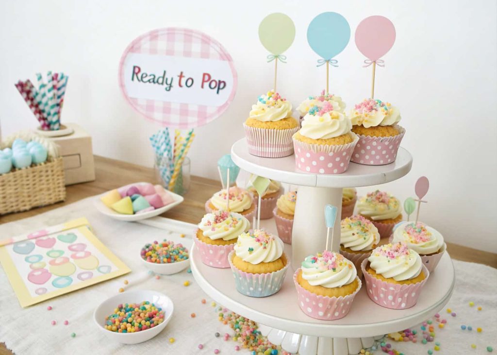A baby shower cupcake station with pastel cupcakes, tiny balloon toppers, frosting tubes, and sprinkles, decorated with ‘Ready to Pop’ signs.