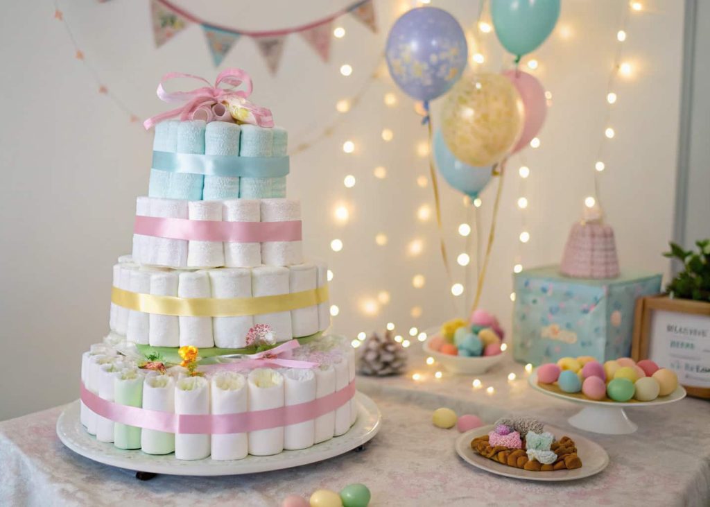 “A tiered diaper cake decorated with pastel ribbons, small toys, tiny balloons, and fairy lights on a baby shower table.”