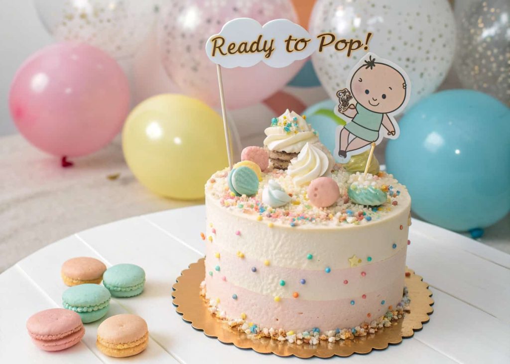 A pastel baby shower cake decorated with edible confetti, baby-themed candies, and a ‘Ready to Pop!’ topper, surrounded by balloons.”