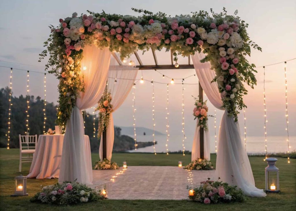 Romantic wedding floral archway with pastel flowers and greenery, soft drapes, and fairy lights, outdoor wedding setup, soft lighting, dreamy atmosphere”