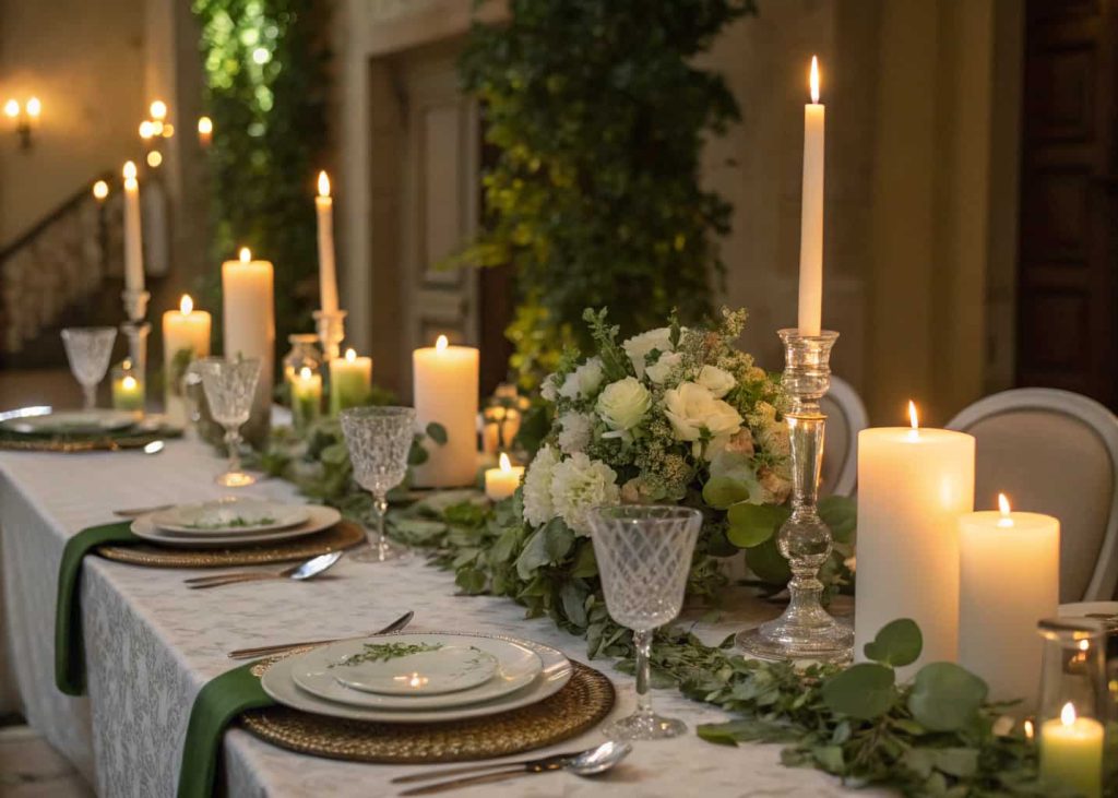 Elegant wedding tablescape with multiple candles, soft lighting, green and white floral accents, luxurious table setting, romantic atmosphere”