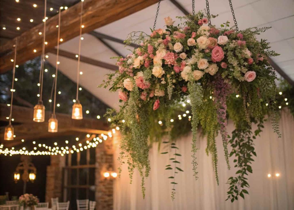 “Wedding ceiling floral installation, hanging flowers and greenery, romantic lighting, boho-chic wedding style, elegant and dreamy décor”