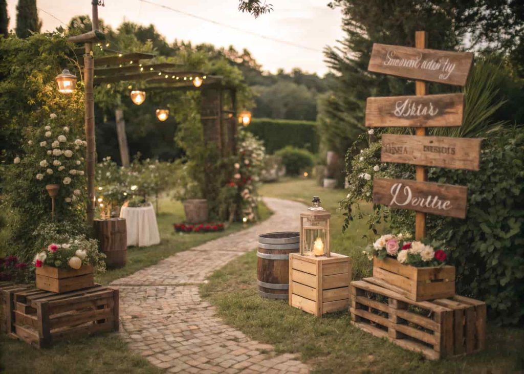 Rustic wedding décor with wooden signs, wooden crates, greenery accents, outdoor garden setting, natural and cozy vibe”