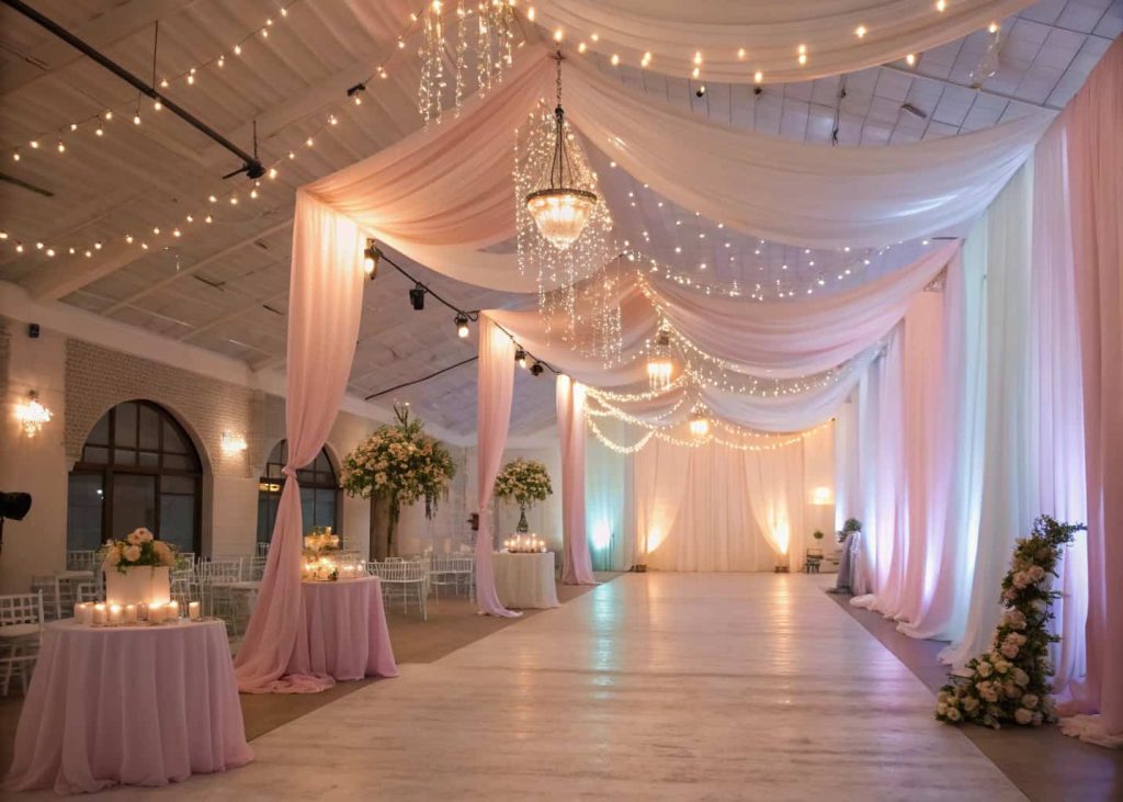 Wedding venue with flowing drapery, soft fabrics in pastel tones, fairy lights, romantic and dreamy indoor setup”