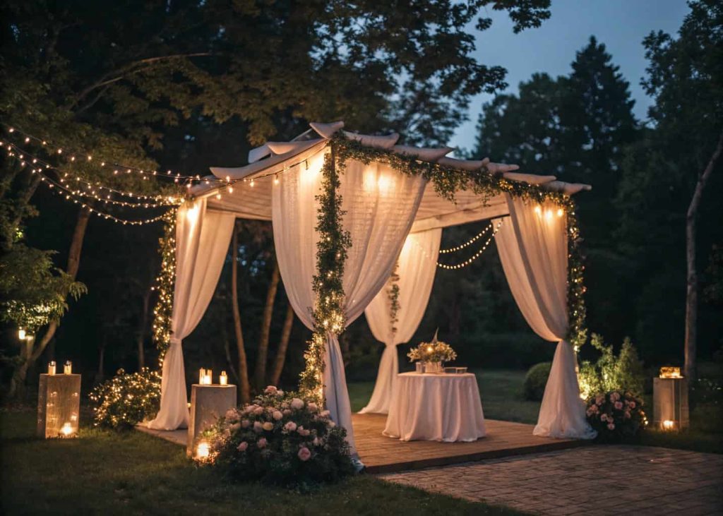 Outdoor wedding canopy with fairy lights, soft drapery, romantic evening lighting, magical wedding atmosphere”