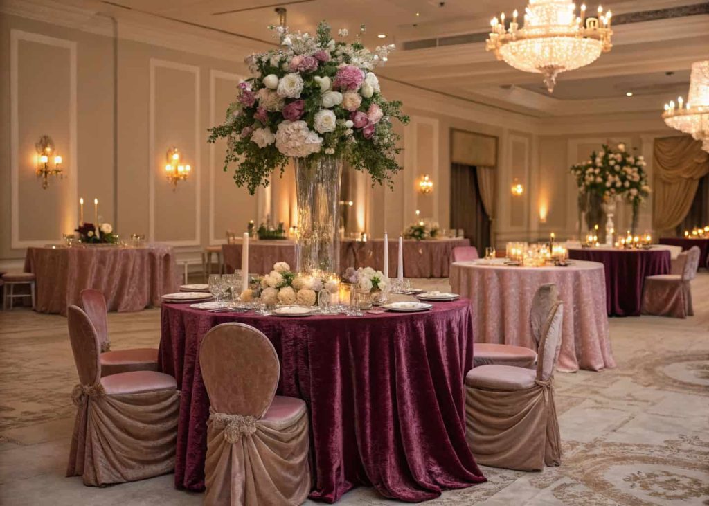 Luxurious wedding tables with velvet and silk linens, elegant floral centerpieces, soft candlelight, sophisticated reception décor”