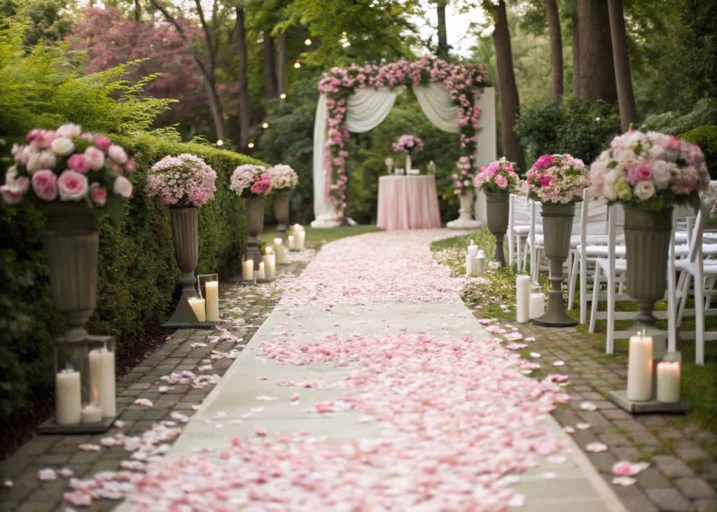 Wedding aisle covered in soft pink and white flower petals, outdoor garden ceremony, romantic and elegant setup”