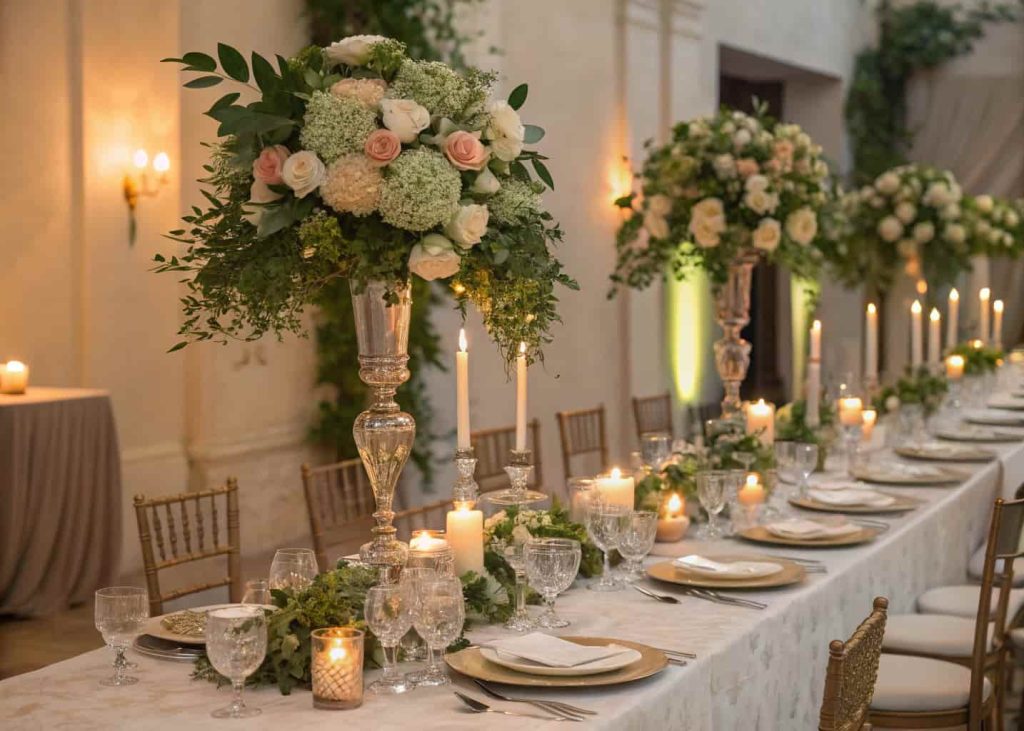 Elegant wedding table with tall statement floral centerpieces, greenery accents, candles, luxurious reception décor”