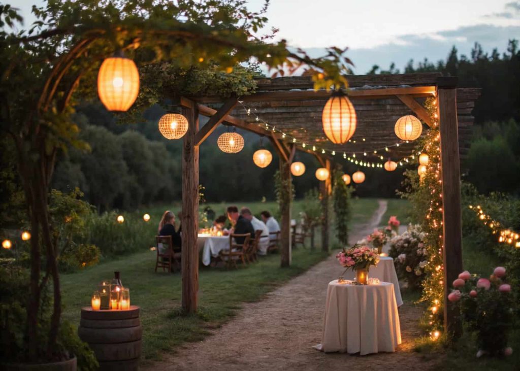 Outdoor wedding with hanging lanterns, warm glowing lights, rustic and romantic ambiance, evening celebration setting”