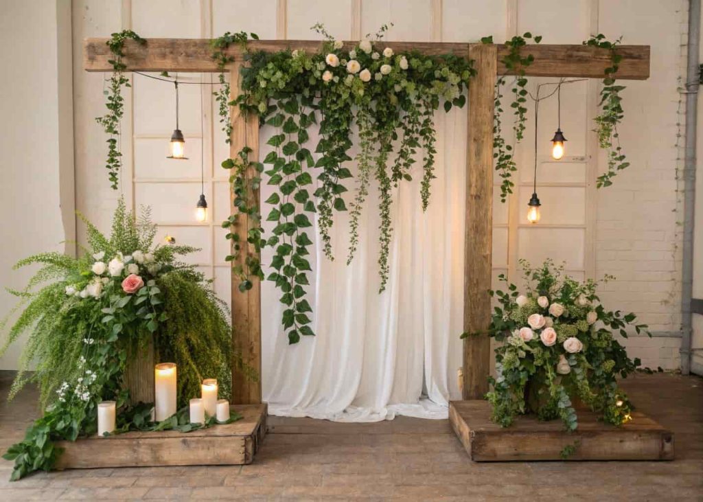 Wedding greenery wall backdrop with lush leaves, floral accents, photo booth setup, natural and elegant décor”