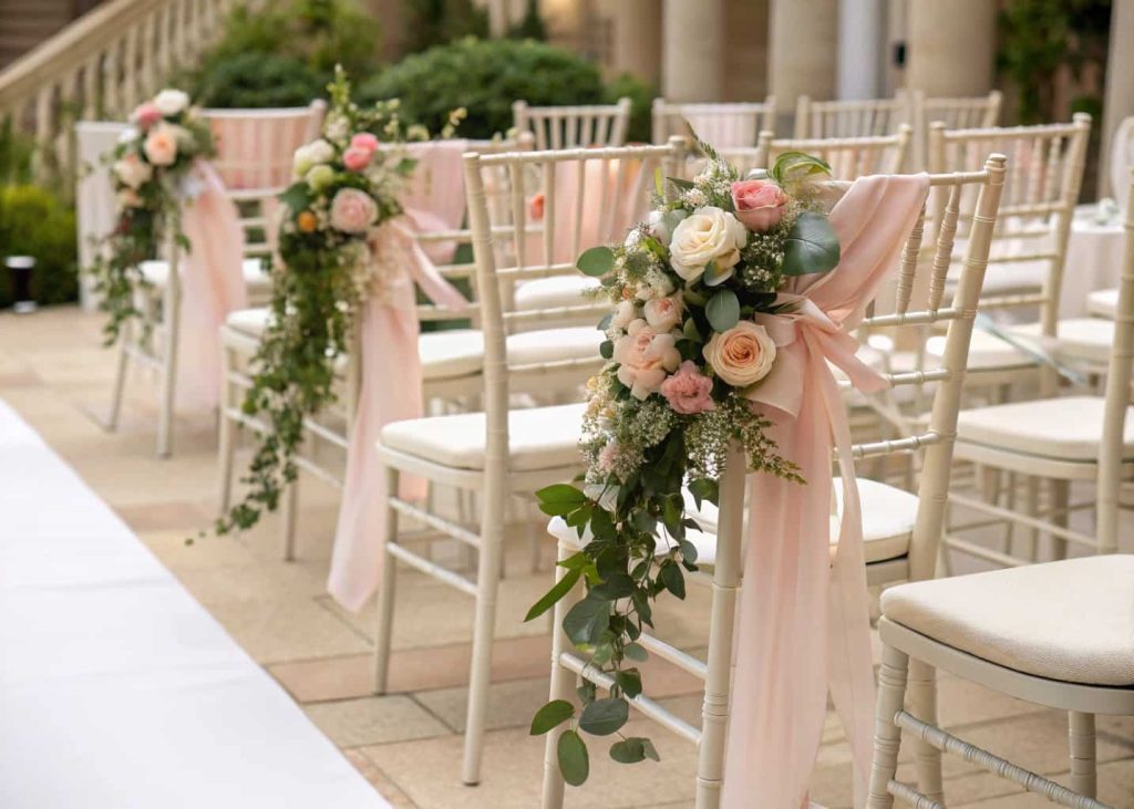 Wedding chairs decorated with soft ribbons, flowers, and greenery, elegant ceremony setup, romantic and polished décor”