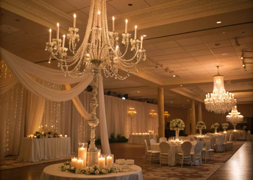 Elegant wedding candle chandelier, soft glowing lights, indoor reception, romantic and luxurious décor”