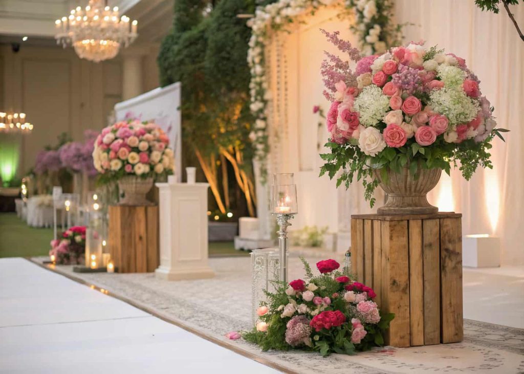 Wedding floral décor with seasonal flowers, vibrant color palette, centerpieces and arrangements, natural and elegant theme”