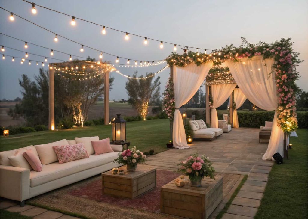 Outdoor wedding lounge area with sofas, cushions, soft lighting, floral accents, cozy and stylish setup”