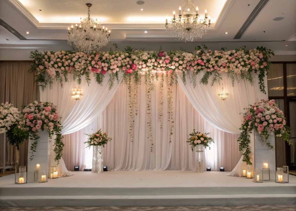 “Wedding statement backdrop with flowers, drapery, and decorative accents, elegant and stylish ceremony or reception setup”