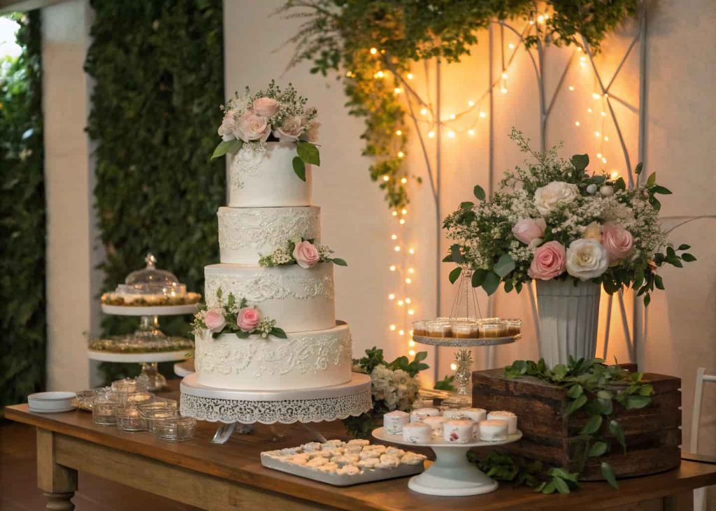 Elegant wedding dessert table with tiered cakes, floral arrangements, greenery, soft lighting, visually stunning setup”
