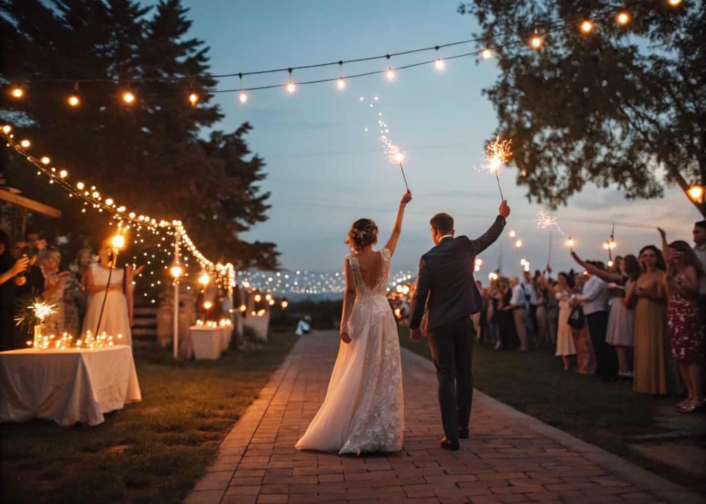 Wedding couple sparkler send-off, guests holding sparklers, evening outdoor celebration, magical and joyful atmosphere”