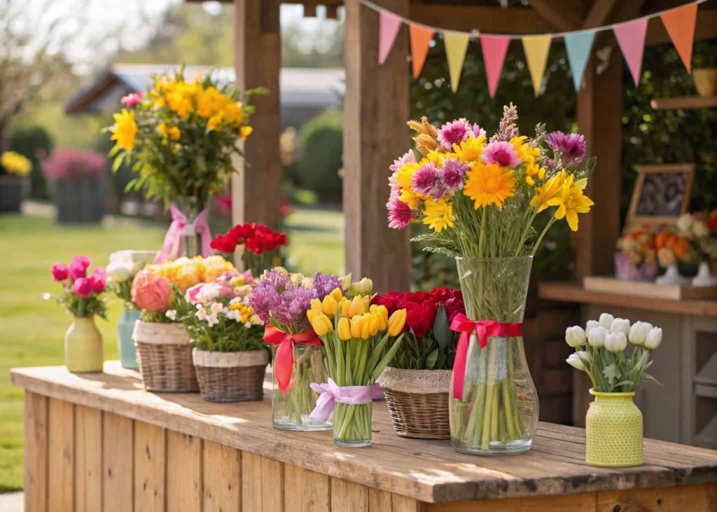 Seasonal flower bloom bar with bright spring flowers, small vases, ribbons, and a rustic wooden table, interactive event setup."