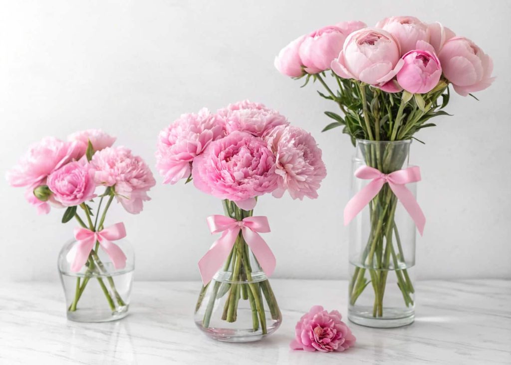 "Monochrome flower bloom bar with all-pink flowers, matching ribbons, elegant glass vases, minimalistic setup."