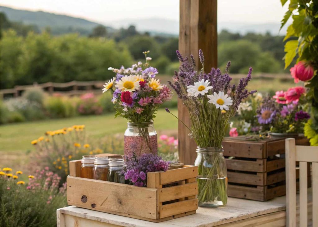 Wildflower bloom bar with colorful daisies and lavender in mason jars, rustic wooden crates, outdoor setting."