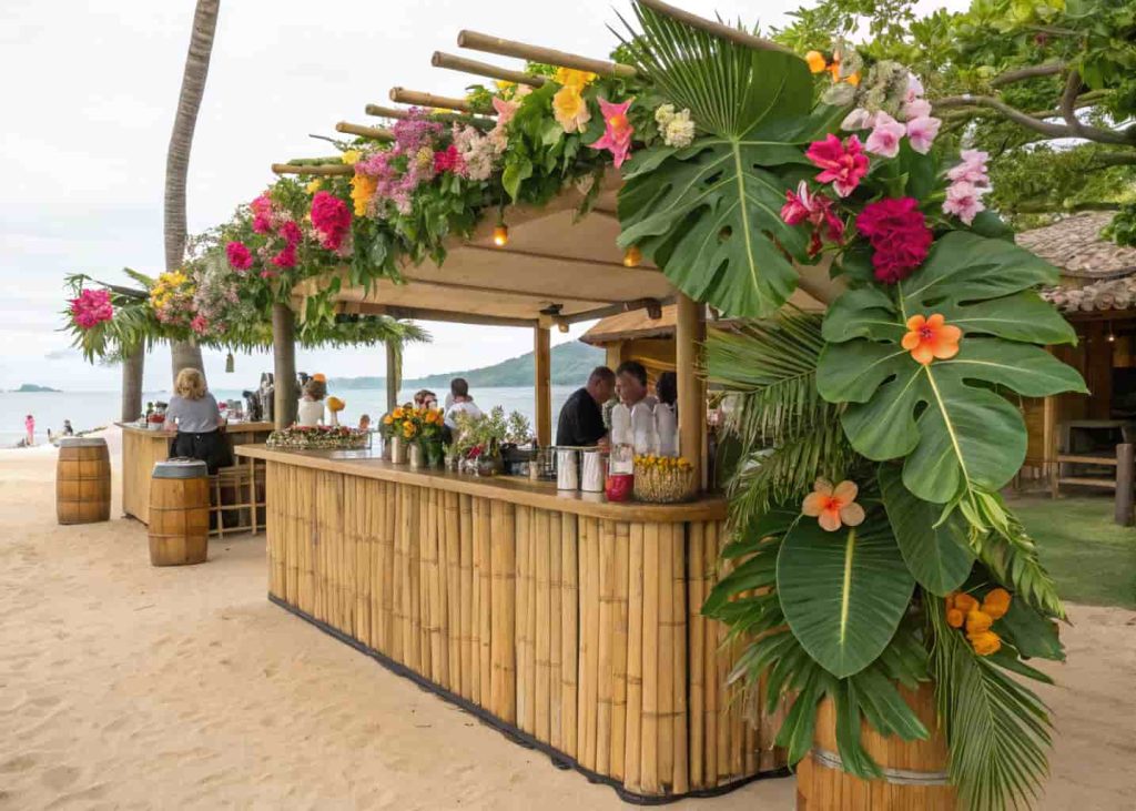 Tropical bloom bar with hibiscus, orchids, large green leaves, bamboo containers, beach party vibe."