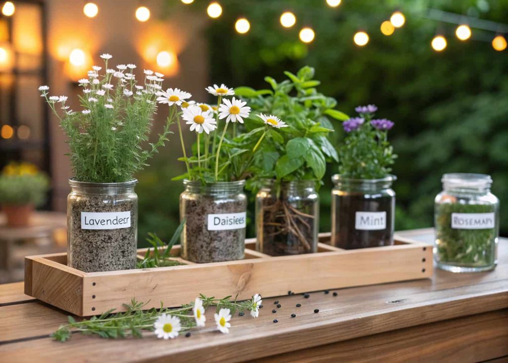 Herb and flower bloom bar with lavender, daisies, mint, and rosemary in small jars, interactive garden setup."