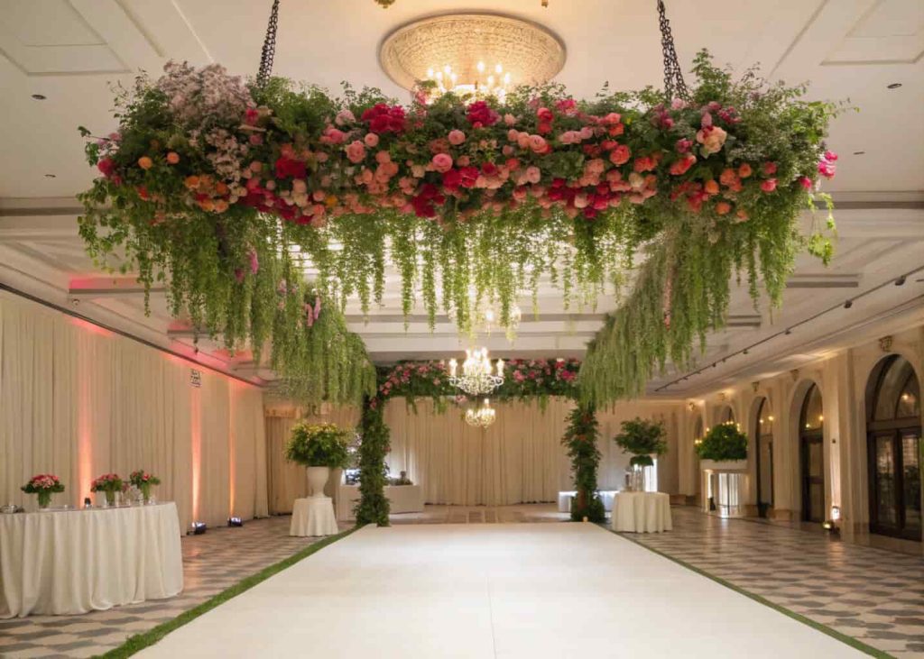 Hanging bloom bar with cascading flowers and greenery, floating garden effect, elegant indoor event setup."