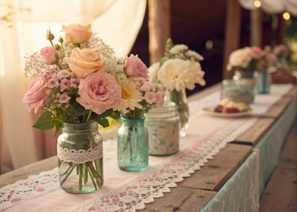 Vintage bloom bar with pastel flowers, antique jars, lace table runner, soft romantic setting."