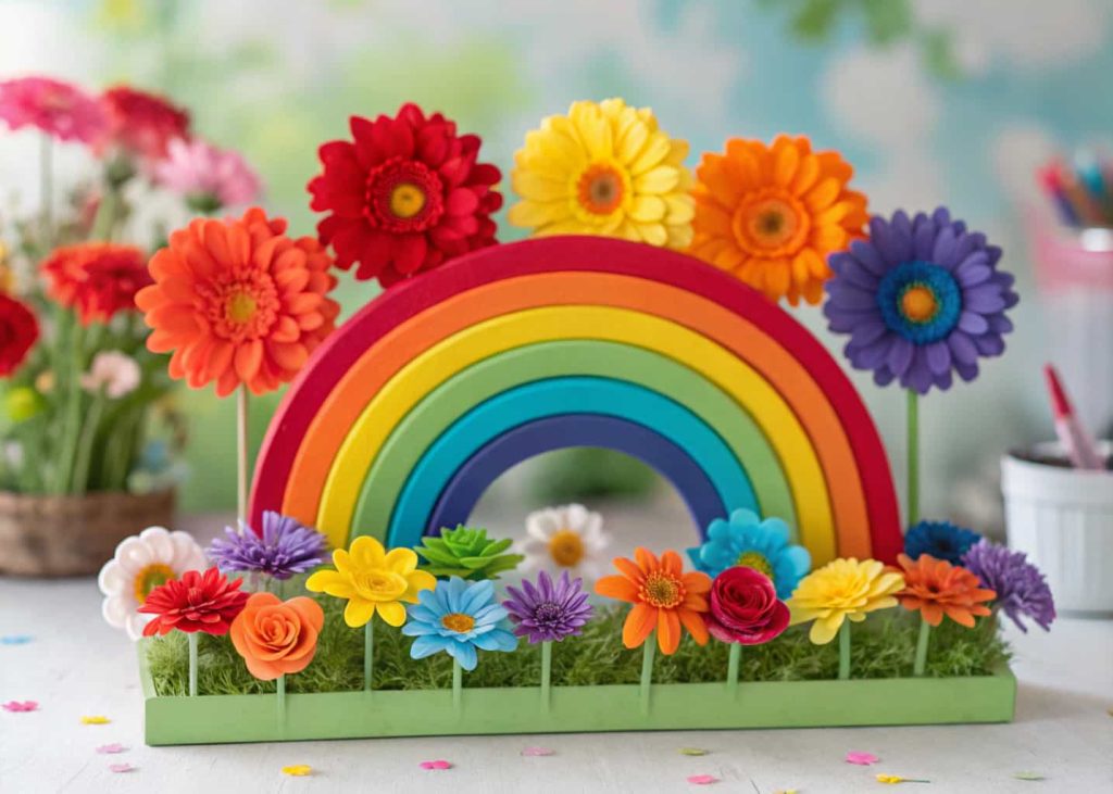 "Rainbow flower bloom bar with flowers in red, orange, yellow, green, blue, and purple, colorful playful display."