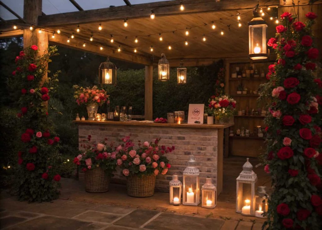 "Candlelit bloom bar with roses, small lanterns, fairy lights, cozy romantic evening setup."