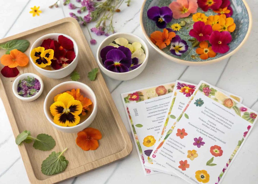 "Edible flower bloom bar with pansies and nasturtiums, small bowls and recipe cards, colorful and tasty setup."