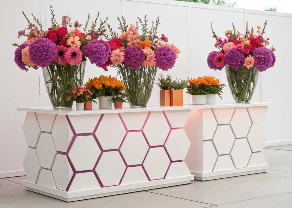 Modern geometric bloom bar with hexagon vases, bold colorful flowers, contemporary minimalist setup."