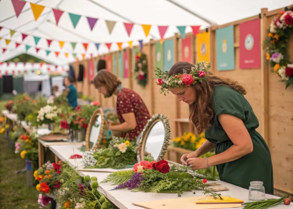 DIY flower crown station with assorted flowers, greenery, floral wire, mirrors, festival-themed event."