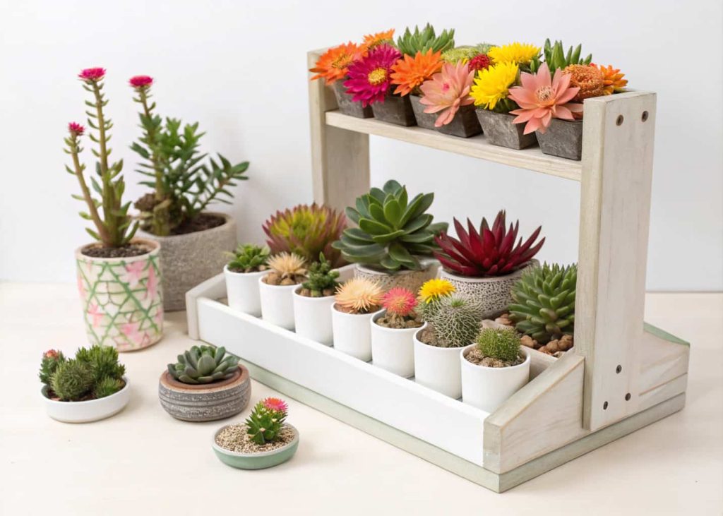 "Mini succulent bloom bar with small potted succulents, colorful seasonal flowers, modern eco-friendly setup."