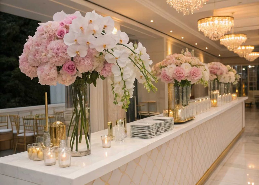"Luxury bloom bar with orchids and peonies, crystal vases, gold accents, elegant upscale event setup."