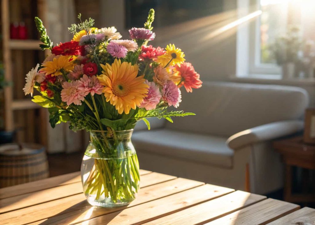 Bright mixed flower bouquet in a clear glass vase on a wooden table, sunlight streaming in, cozy home background.