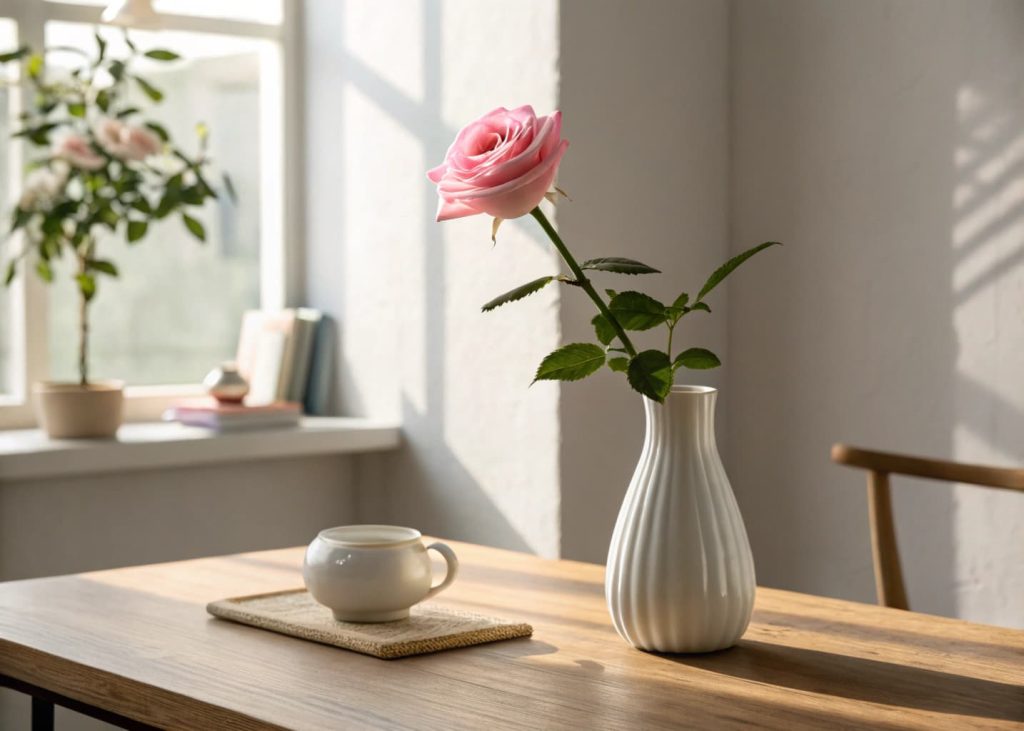 Single pink rose in a white ceramic vase on a simple wooden desk, soft natural light, minimal décor background.
