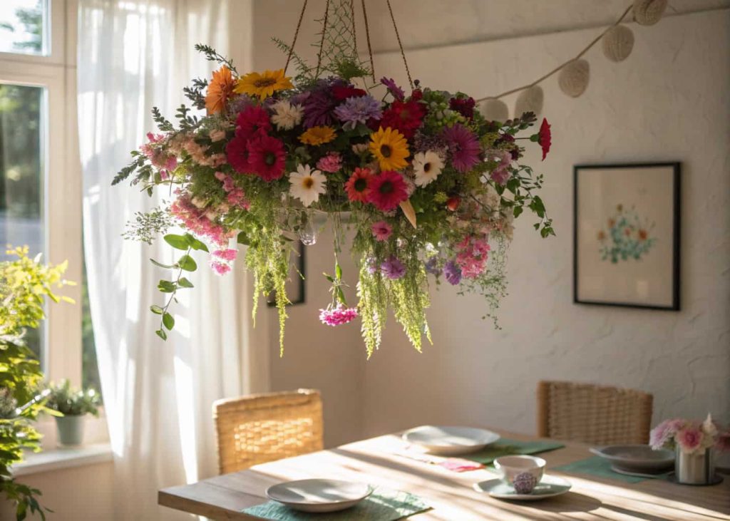 Colorful hanging flower installation above a dining table, sunlight filtering through, soft pastel tones, cozy home interior.