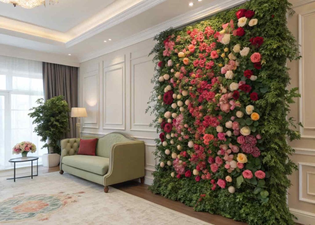Vibrant flower wall with mixed colors, fresh roses and greenery, elegant living room corner, natural light highlighting textures.