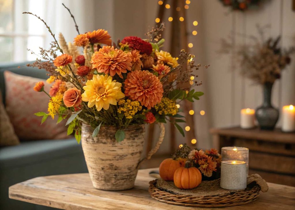 Autumn-themed floral centerpiece with orange and yellow flowers in a rustic vase on a wooden table, cozy room background.