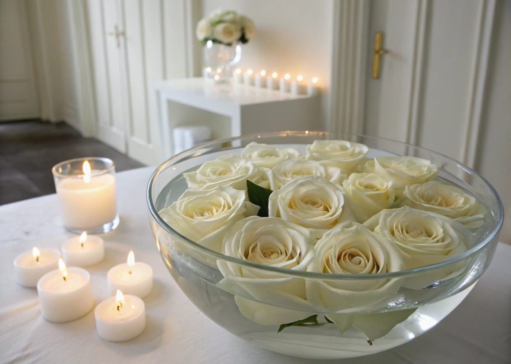 White roses floating in a glass bowl filled with water, soft candlelight reflection, minimalist room background.