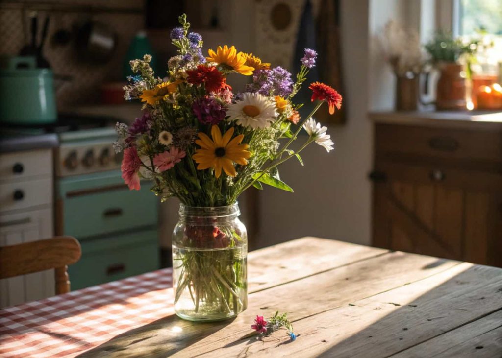 Colorful wildflowers in a rustic mason jar on a wooden table, cozy kitchen background, soft sunlight streaming in.