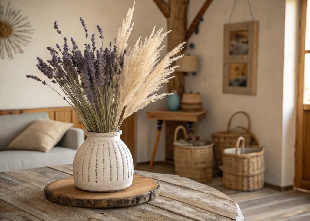 Dried lavender and pampas grass in a ceramic vase, soft neutral room, rustic cozy background.