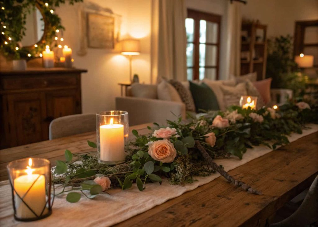 Greenery and flower garland running along a dining table, soft candlelight, warm cozy room background.