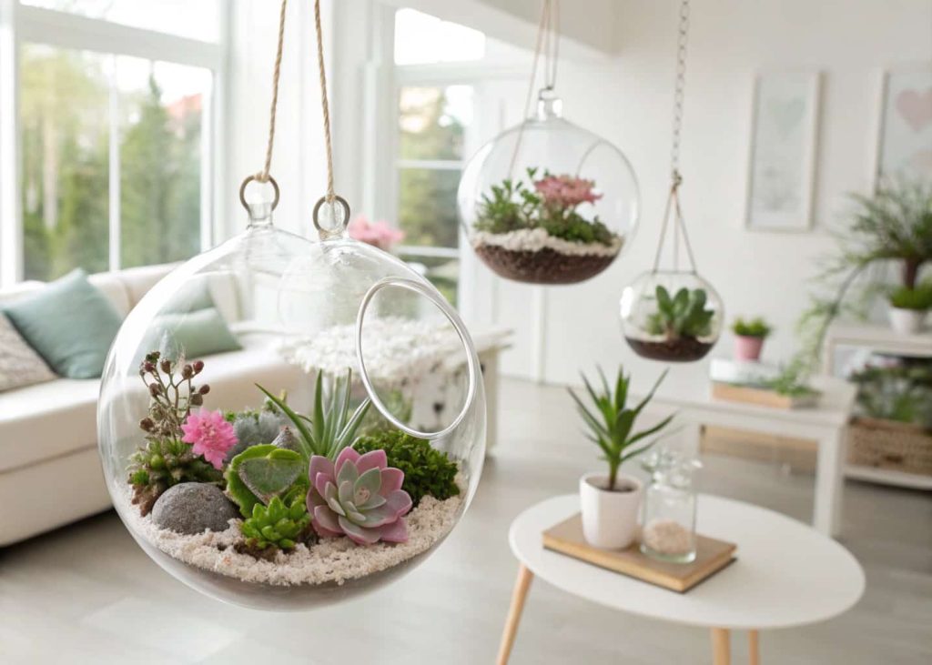 Glass hanging terrariums with small succulents and flowers, bright airy room background, modern décor.
