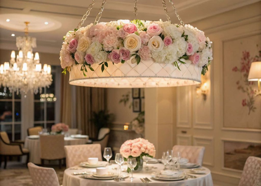 White and pink floral chandelier hanging above a dining table, soft lighting, luxurious cozy interior.