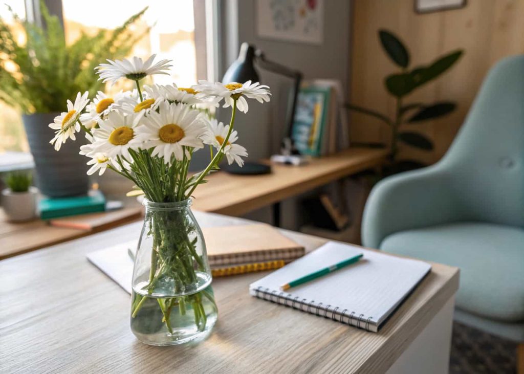Mini bouquet of daisies in a tiny glass vase on a work desk, natural light, cozy workspace background.