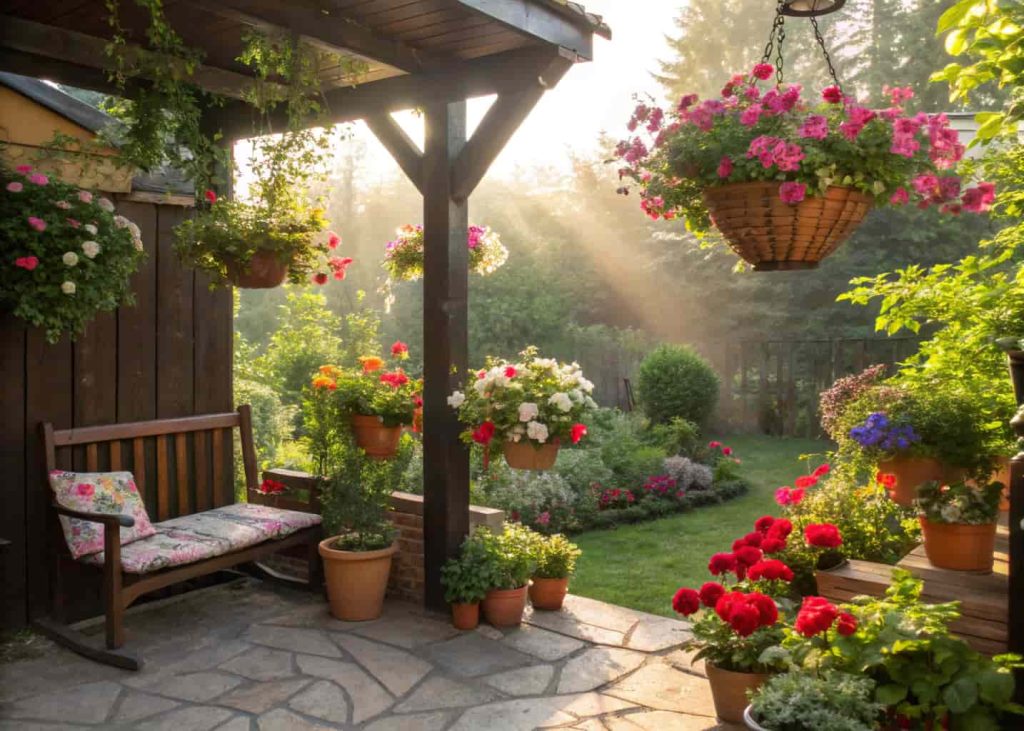 Colorful potted flowers and hanging baskets in a small outdoor corner, sunlight, cozy seating area, garden background.