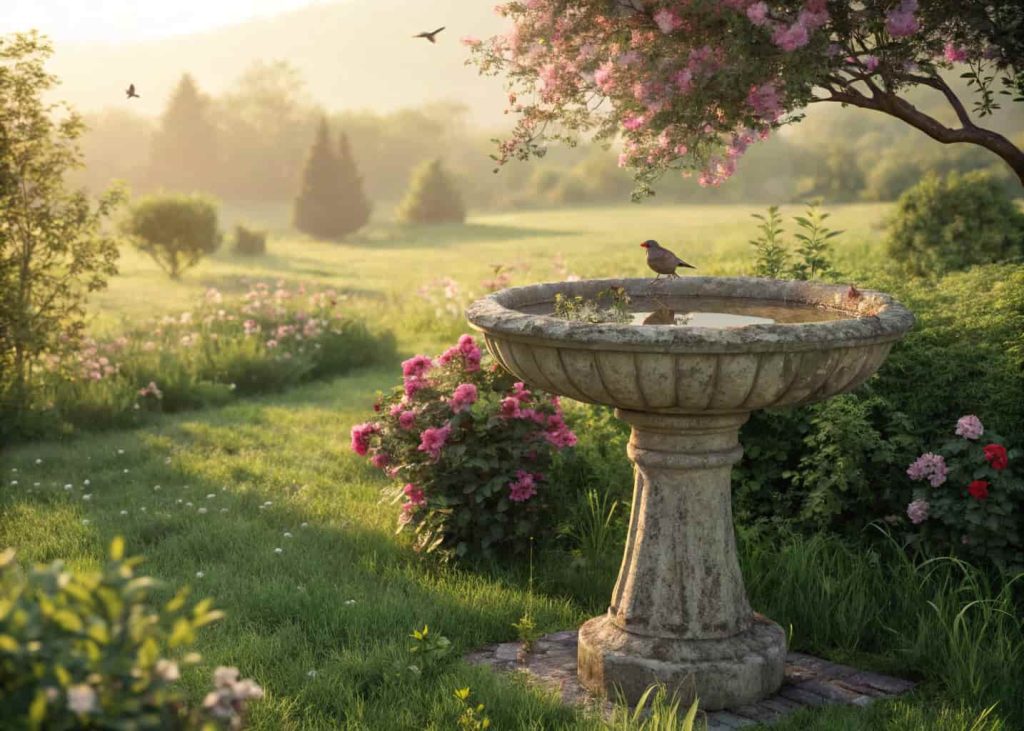“Classic stone bird bath in garden with green grass and blooming flowers, sunny day, peaceful vibe.”