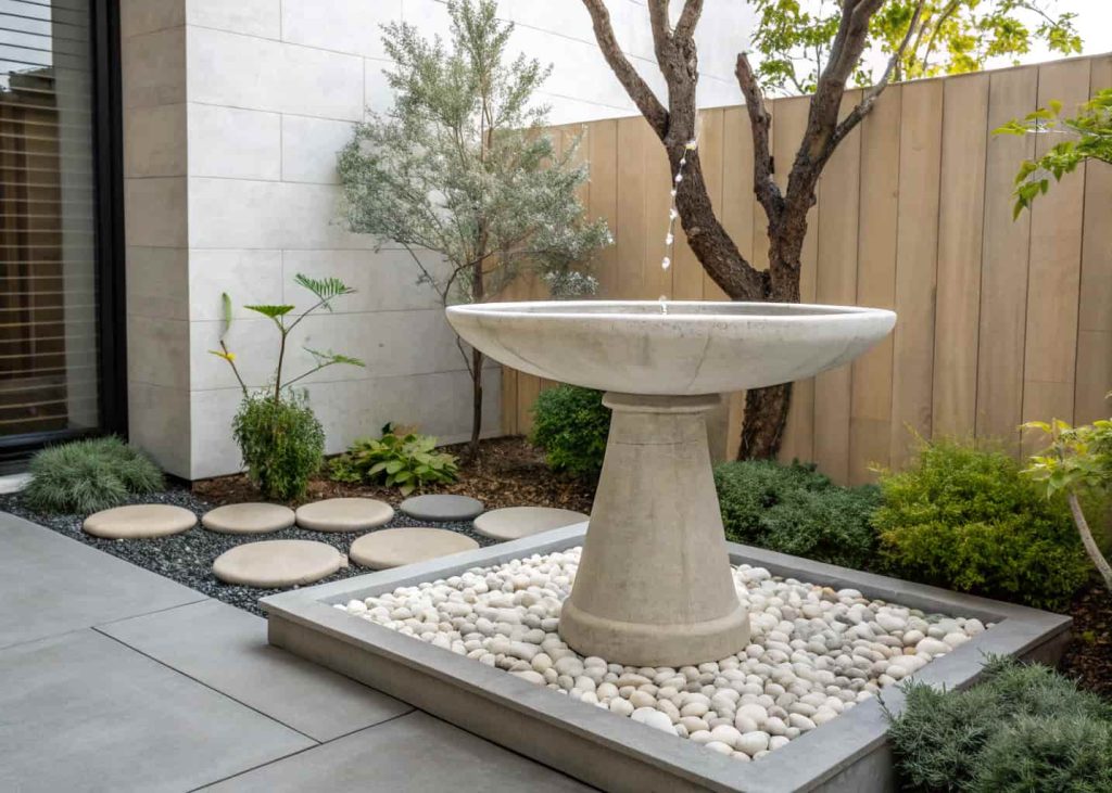 Modern concrete bird bath with clean design in stylish backyard, surrounded by minimal plants and stones.”